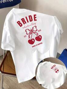 Camiseta de manga corta con estampado frontal y trasero, tema de cerezas para novias, top casual moderno para mujer, ideal para el aniversario de bodas de 2026, camiseta casual de manga corta con cuello redondo, para verano y primavera, ropa de mujer 100% algodón. - Blanco - Ver 7