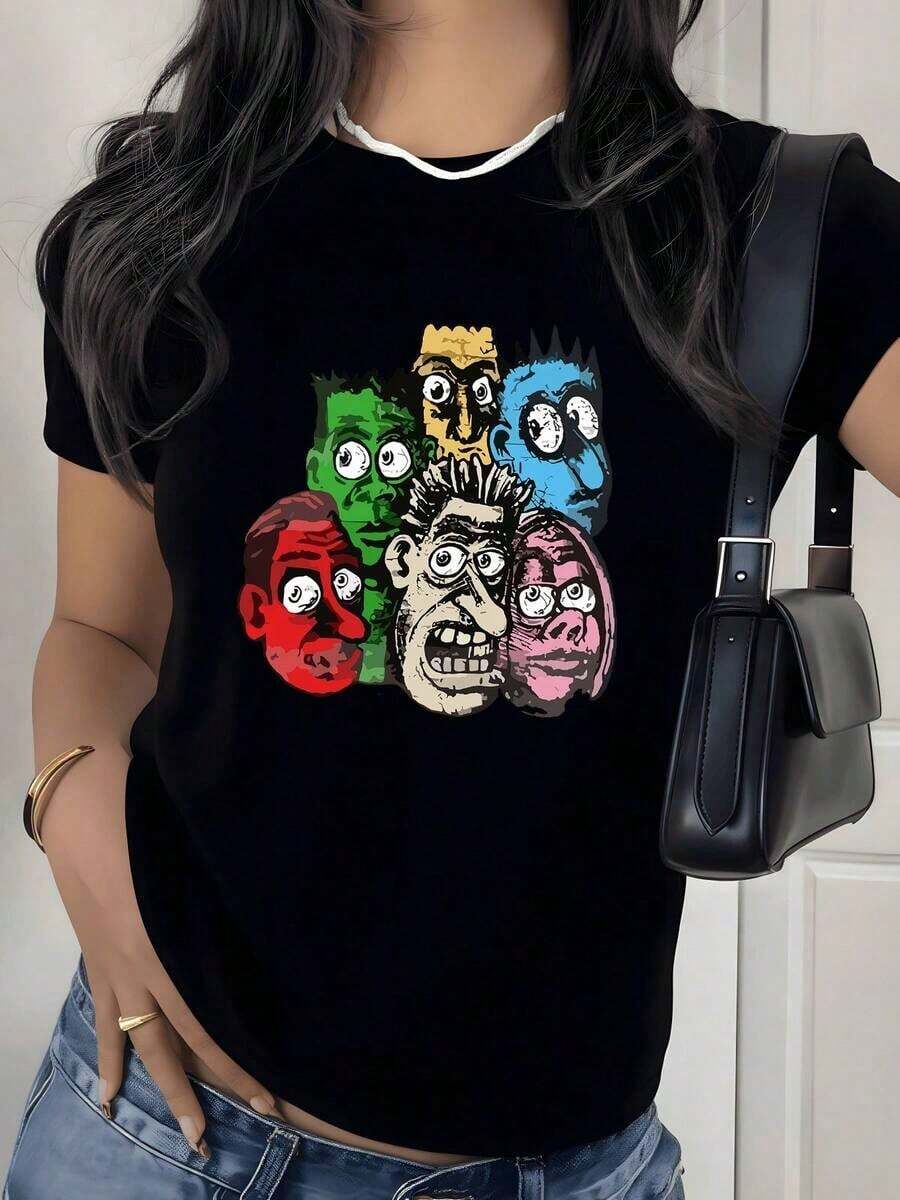Camiseta con Estampado Gráfico de Rostros Abstractos Coloridos, 180g, 1 Pieza, Camiseta Casual Artística para Mujer, 100% Algodón, Estilo Streetwear - Negro - Ver 1