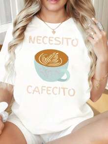 Camiseta de Algodón Estilo Vintage con Estampado de Slogan de Lisboa, Camiseta de Mujer con Cuello Redondo y Mangas Cortas, Estampado Divertido. Camiseta Gráfica Necesito Cafecito para Amantes del Café, Camiseta Negra Casual de Corte Holgado para Mujer con Diseño de Latte Art. Adecuada para el Día de San Valentín, Fiestas de Navidad, Actividades Deportivas, Fiestas de Vacaciones, Salidas, Deportes y Otros Regalos Festivos (220g). para el Verano Diario - Blanco - Ver 5