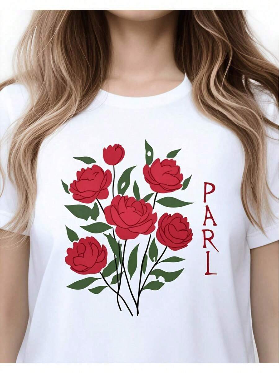 ComfortableCamiseta para mujer con estampado floral de rosas, estilo casual para uso diario, moda primavera-verano, camiseta 2D de mujer, diseño holgado casual, ligeramente holgada y extendidaFashion All-match Women's Short Sleeve T-shirt, Basic Style for Inner & Outer Wear - Blanco - Ver 1