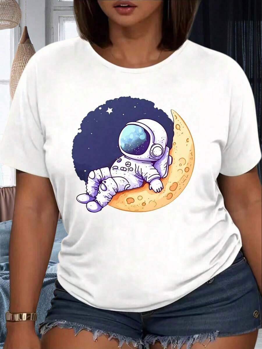 Playeras de mujer de algodón con diseño de astronauta bebé durmiendo en la luna, camiseta con temática espacial para mujer, diseño cósmico lindo, top blanco de cuello redondo, atuendo para fiestas al aire libre, ropa . - Blanco - Ver 1
