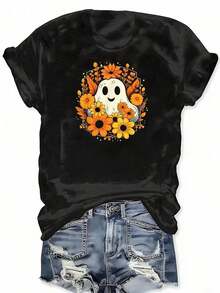 1 pieza Camiseta con estampado de fantasma floral de Halloween, fantasma lindo con flores, regalo divertido, manga corta, cuello redondo, top casual para verano y primavera, ropa de mujer, 180g, 100% algodón. - Negro - Ver 2
