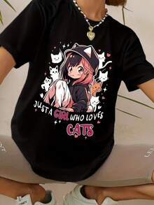 ¡Oferta por tiempo limitado, unidades limitadas,  relámpago! Camisas casuales para mujer, camisetas de poliéster para mujer, camisas elegantes. [Nueva camiseta de gran tamaño con estampado de letras y gatos para mujer, manga corta, versátil y moderna, top juvenil 2026] - Negro - Ver 12