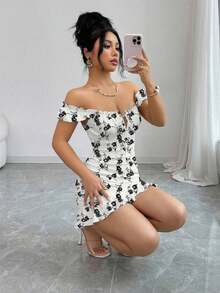 Vestido camisero con volantes en el bajo y hombros descubiertos, estilo vintage con estampado, vestido entallado de línea A - Blanco y Negro 5 - Ver 4