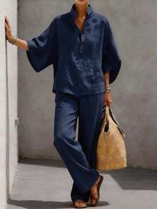 Conjunto de 2 piezas nuevo de primavera-verano para mujer, de algodón y lino, camisa y pantalón, diseño fresco, favorecedor, versátil, perfecto para looks de día, oficina, paseos y uso diario - Azul oscuro - Ver 2