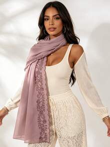 1pc Embroidered Floral Pattern Lightweight Scarf, Solid Color Basic Elegant Long Scarf, Suitable For All Seasons - Pink - View 4