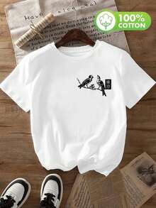 Camiseta con estampado de flores, manga corta, cuello redondo, top casual para verano y primavera, ropa de mujer - Blanco - Ver 2