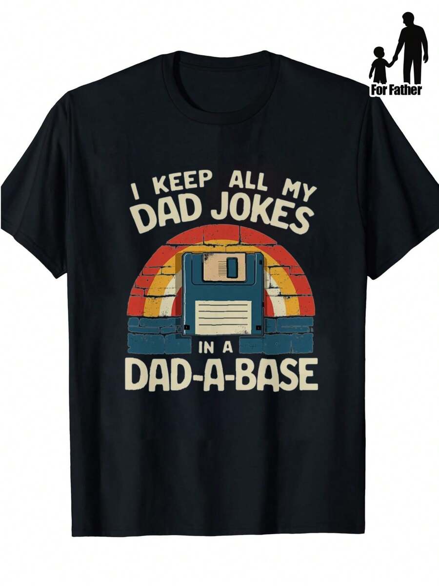 Camiseta Vintage para el Día del Padre - Camiseta de manga corta para hombre 100% de corte clásico con diseño retro de disco flexible y casete, texto con chistes divertidos para papá, lavable a máquina, regalo casual para entusiastas de la tecnología, tela transpirable de estilo nostálgico. - Negro - Ver 1