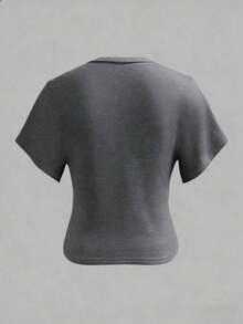 Camiseta de manga corta con cuello en V minimalista, camiseta suelta con cintura ceñida para mujer - Gris Oscuro - Ver 2