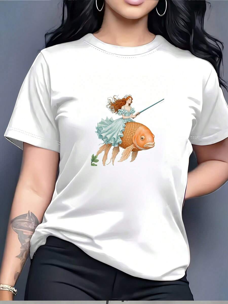 Camiseta de Caballero Pez Dorado de Cuento de Hadas | 200g, suave y cómodo, cuello redondo | Camiseta de Regalo para Vacaciones en Familia | Edición de Colaboración del Día del Caballero | La mejor opción para actividades al aire libre en verano: una camiseta de manga corta cómoda y versátil. - Blanco - Ver 1