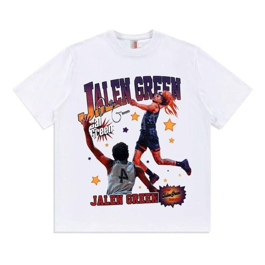 Camiseta De Manga Corta Con Estampado Retro Americano De Jalen Green Para Parejas, Moda Urbana. - Blanco - Ver 1