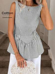 Camisa de mujer estilo náutico a rayas azul y blanco sin mangas con cuello, ajustada y acampanada, adecuada para uso casual, playa, viajes diarios en verano y otoño, tops de verano lindos para el 4 de julio, camisas de maestras, camisas profesional - Blanco y Negro - Ver 3