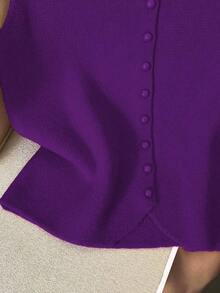 Suéter de mujer de punto con cuello alto, diseño de botones, sin mangas, suelto y casual, color rojo, para primavera/otoño - Morado - Ver 3