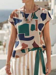 Camisa casual de lino con cuello redondo, manga corta tipo murciélago y unicolor para mujer, primavera/verano - Multicolor - Ver 3