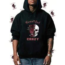 Hoodie With Adjustable Drawstring, Skeleton Print And Lettering, Streetwear Style, Perfect Gift. - Black - View 2