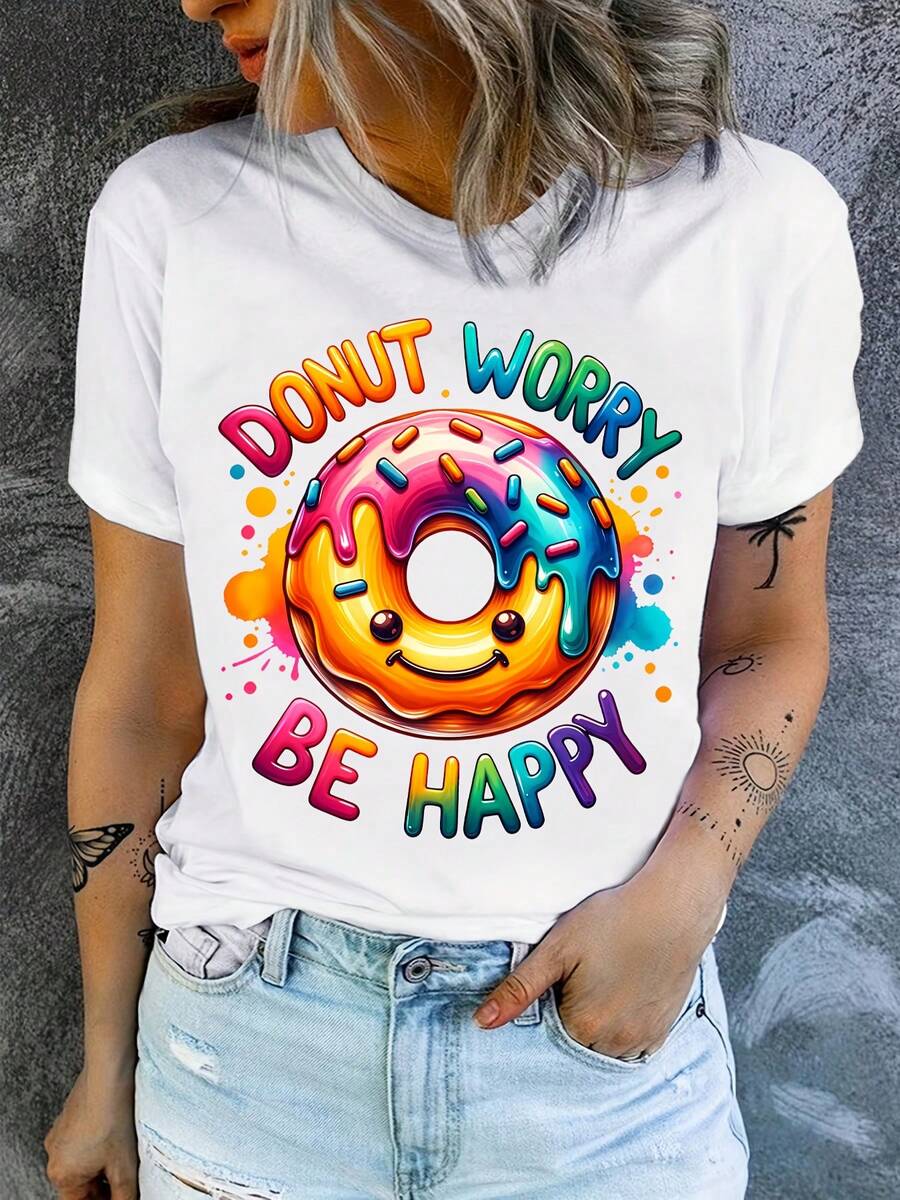 No te preocupes, sé feliz con esta camiseta colorida con estampado de donas, perfecta para los amantes de las donas, un gran regalo para quienes aman las donas - [Blanco] - Ver 1