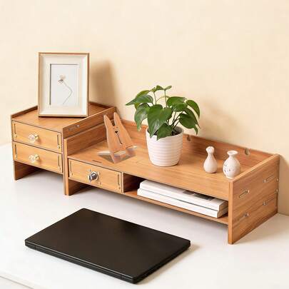 CNCEST Monitor Stand Riser, Wooden Heavy Duty Monitor Stand With 2 Shelves, Storage Compartment, Lockable Drawer, Computer/PC Monitor Riser, Office Organiser, Shelf, Laptop Riser