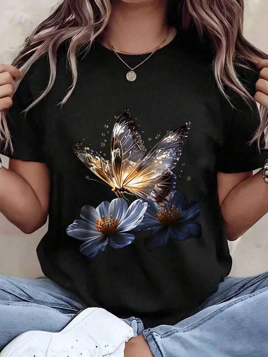 Under The Radar Women's T-Shirt With Butterfly And Flower Print, Round Neck, Loose Fit, Casual Summer Style, Gift - Urban Vintage Style, Unisex, Cotton, Short Sleeve, Round Neck. - 黑色 - 查看 1