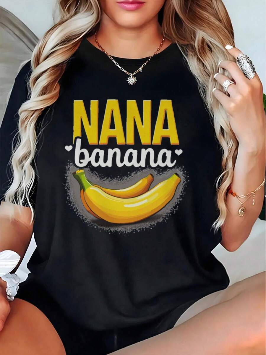 Talla - Camiseta Divertida con Estampado Nana Banana para Mujer - Camiseta suave de cuello redondo con letras amarillas brillantes y diseño de plátano, corte holgado, adecuada para uso diario, lavable aáquina, ropa casual (negra con detalles amarillos), ropa divertida, camiseta de diseño divertido, tela cómoda, top de primavera/verano, estampado geométrico, material transpirable, top de manga corta, para mujer - Camiseta Vintage de Estilo Urbano Unisex de Algodón, Manga Corta y Cuello Redondo. - Negro - Ver 1