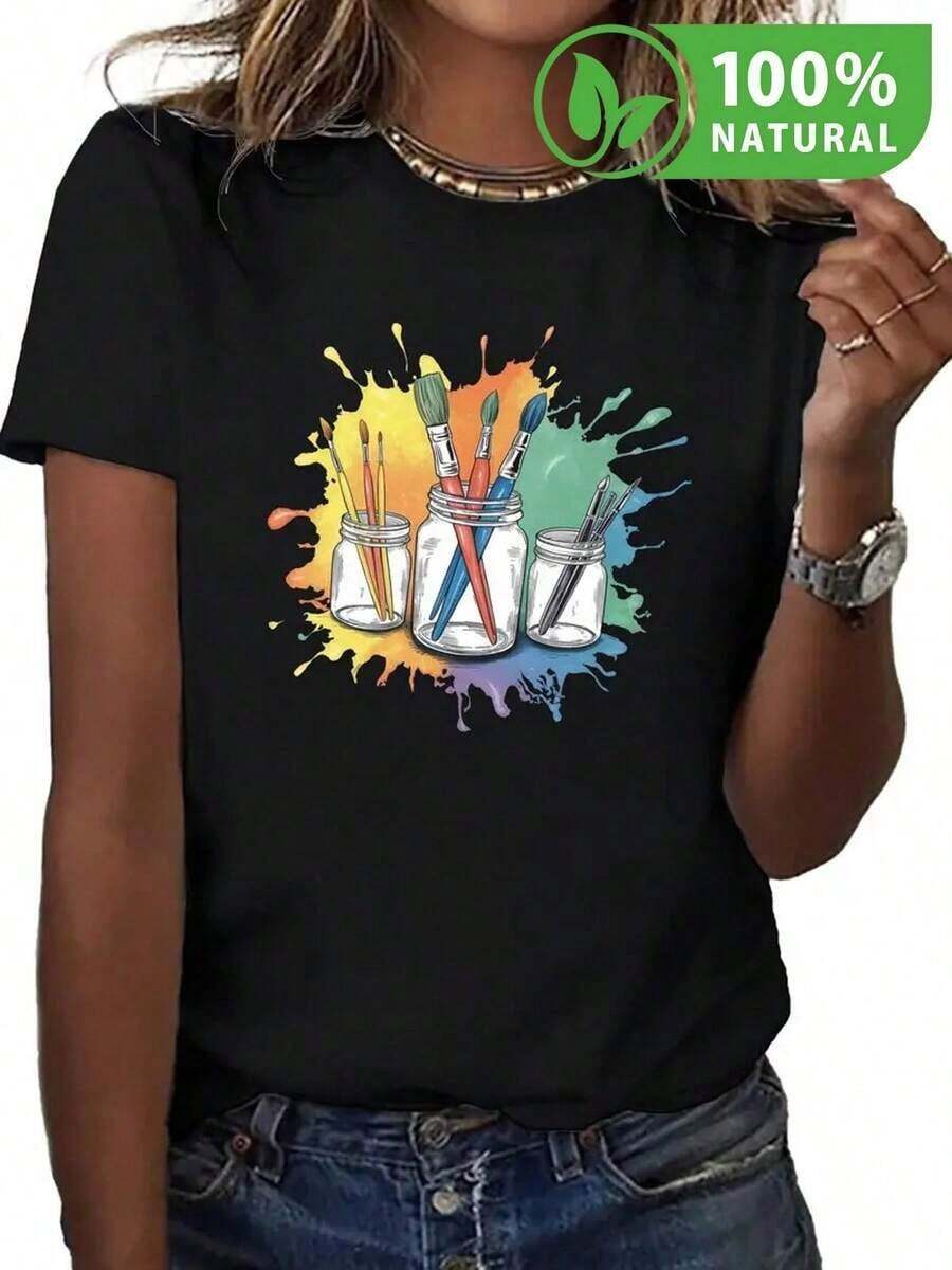 Camiseta de moda inspirada en el arte con diseño de pinceles y pintura colorida estilo splash ideal para artistas y amantes del dibujo perfecto para expresar tu creatividad en cada ocasión camiseta negra casual única y cómoda es en México imprescindible en tu guardarropa. - Negro - Ver 1