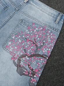 Men Six-Point Shorts Retro Cherry Blossom Embroidered Loose Wide-Leg Denim Jeans With Fake Pockets In Back - Light Wash - View 9