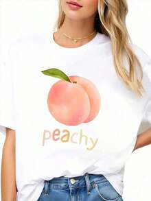 Women's Peach Fruit Print T-Shirt, Casual Summer Top With Fun Design And Comfortable Fit, Perfect For Everyday Wear And Light Activities - Vintage Urban Style, Unisex Short Sleeve Crew Neck T-Shirt, 100% Cotton - 白色 - 查看 3