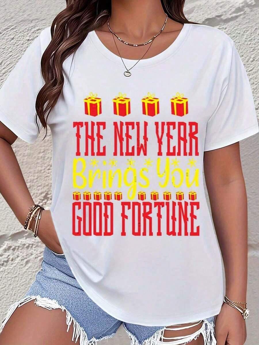 Camiseta Casual de Manga Corta para Mujer, Estampado de Caja de Regalo para Celebración de Año Nuevo, La Navidad Te Trae Buena Fortuna, Camiseta Gráfica para Fiesta, Ropa Casual de Moda - Blanco - Ver 1