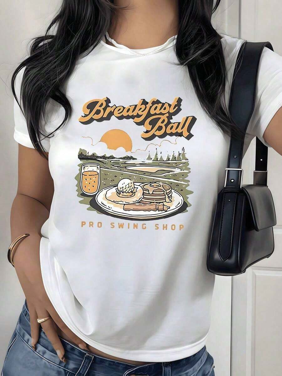 Camiseta con Estampado Gráfico Temático de Desayuno, 180g, 1 Pieza, Estilo Casual para Mujer, 100% Algodón, Estilo Vintage Retro - Blanco - Ver 1