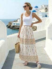 Falda A-line impresa minimalista bohemia casual de vacaciones para mujer, adecuada para viajes de vacaciones, versátil - Negro - Ver 6