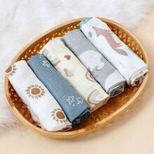 5条/包 60*60厘米 可爱动植物印花双层棉纱布婴儿拍嗝巾，吸水性强，可用作浴巾、面巾、婴儿手帕，柔软棉纱布材质，新生儿必备 - 彩色 - 查看 16