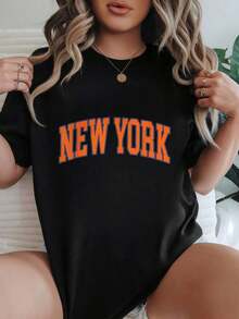 Camiseta de Mujer Casual de Corte Holgado, Opciones en Blanco y Negro, Estampado Gráfico de Nueva York, Camisetas de Verano, Blusas para Mujer, Camisetas Gráficas, Conjuntos de Verano, Camisetas Cortas para Mujer, Blusas Vintage de Algodón, Ropa Linda para Mujer, Playera Holgada para Mujer - Negro - Ver 1