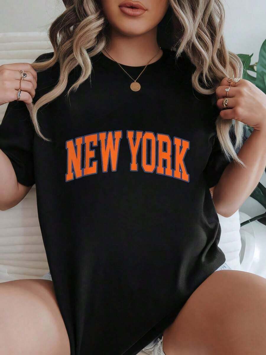 Camiseta de Mujer Casual de Corte Holgado, Opciones en Blanco y Negro, Estampado Gráfico de Nueva York, Camisetas de Verano, Blusas para Mujer, Camisetas Gráficas, Conjuntos de Verano, Camisetas Cortas para Mujer, Blusas Vintage de Algodón, Ropa Linda para Mujer, Playera Holgada para Mujer - Negro - Ver 1