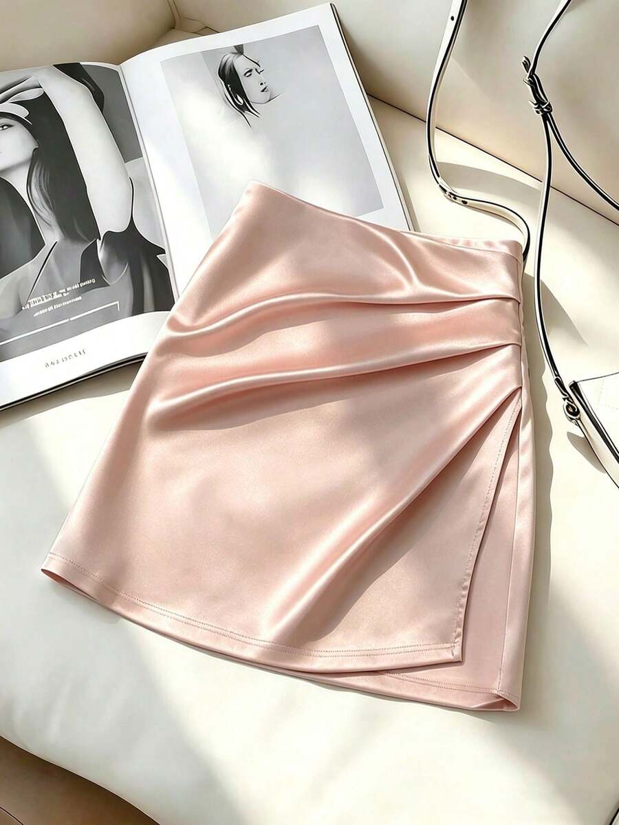 女士粉色针织褶裥装饰办公通勤裙 - 粉色 - 查看 1