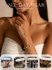 1pc European And American Summer Beach Vacation Fashionable Layered Bracelet, Elegant Luxury Chain Bracelet With Pearl And Crystal Decor For Women - Pearl - View 2