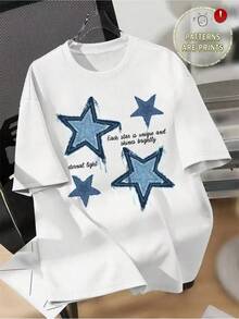 Camiseta de Mujer, Camiseta Gráfica con Estampado de Estrellas en Denim Desgastado, Camiseta Casual de Manga Corta con Cuello Redondo, Top para Uso Diario en Todas las Temporadas HDUU - Negro - Ver 2