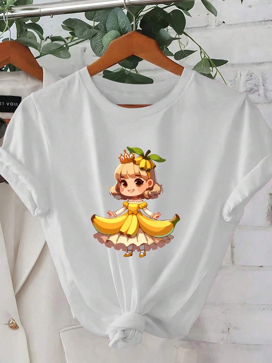 Top de Mujer de Manga Corta Regular Fit - Diseño Estampado de Princesa Plátano con Dibujo Geométrico 2D, Estilo Casual de Manga Corta y Cuello Redondo, Versátil para Todas las Estaciones, Disponible enúltiples Colores y Tallas, Moda Festiva, Estética Retro, Material Transpirable, Estampado DivertidoDaily Casual Round Neck Short Sleeve-Shirt Women - Blanco - Ver 1