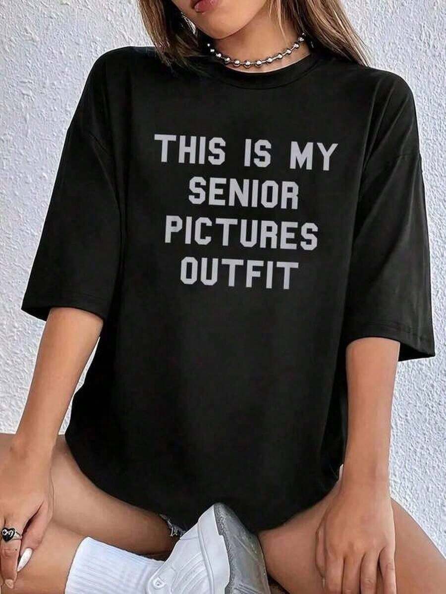 % Algodón Unisex 1 pieza - Camiseta Gris con Estampado Gráfico para Fotos de Graduación Escolar, Divertida y - Ropa de Mujer para Amantes de las Camisetas para Todas las Temporadas - Negro - Ver 1