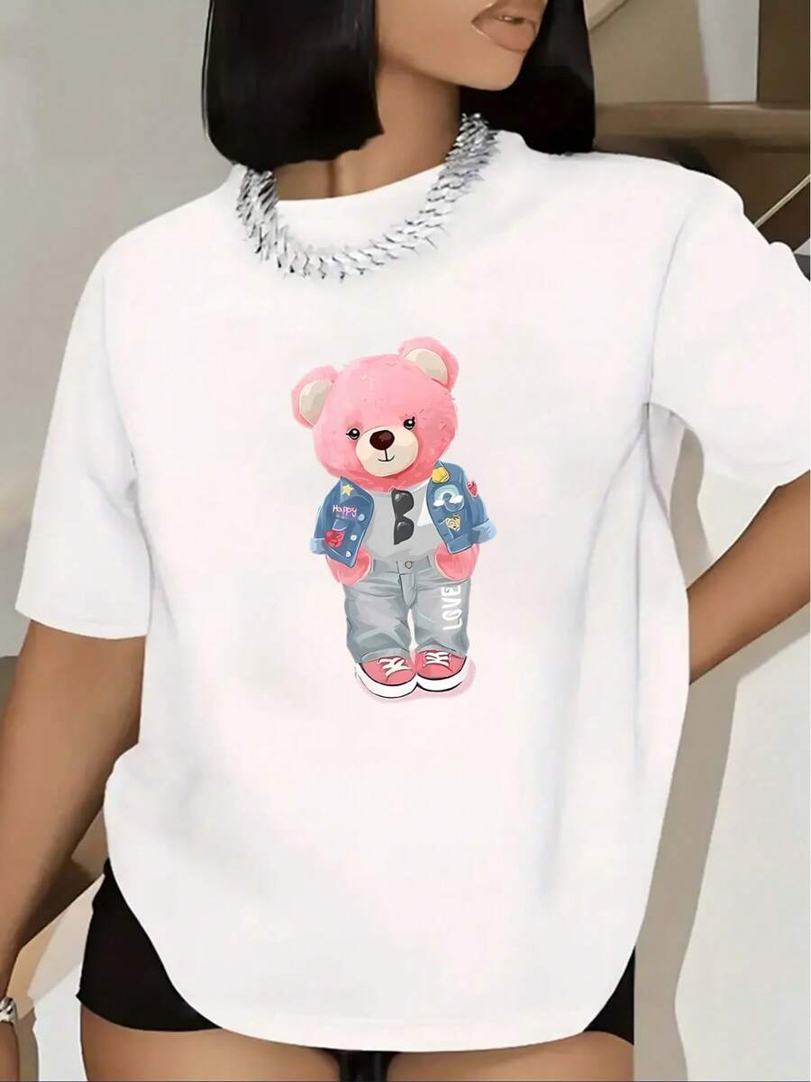Camiseta casual de manga corta para mujer, con un lindo diseño de oso rosa, es ligera y cómoda, adecuada para el hogar o salidas informales. También está disponible una cómoda versión en negro. - Blanco - Ver 1
