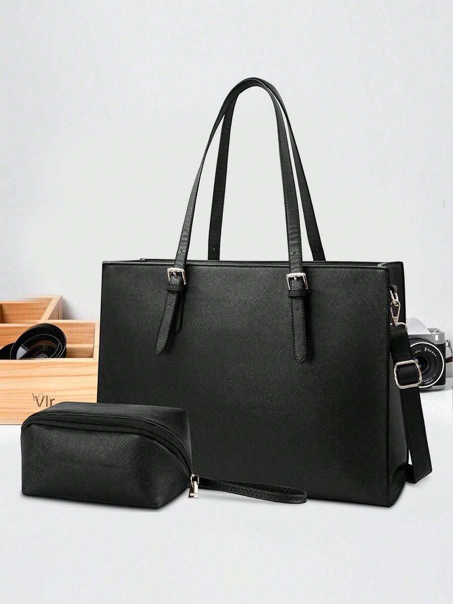 Women's PU Leather Large Capacity Handbag 15.6-Inch Waterproof Laptop Bag Shoulder Bag, Complete Set In Black