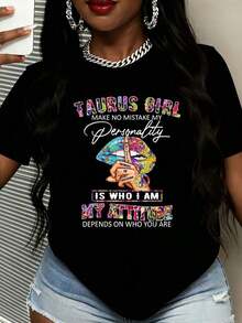 Conjuntos de verano para mujer: Camiseta de manga corta de talla grande para mujer con diseño de labios coloridos y signo zodiacal "Taurus Girl Make No Mistake My Personality Is Who I Am" para uso casual. - Negro - Ver 6