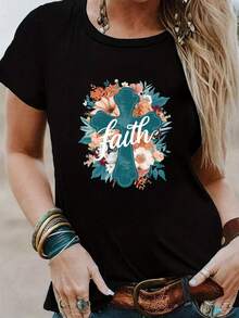 Camiseta de algodón oversize para mujer, con estampado Faith 2026, cuello redondo, estilo casual de primavera/verano, manga corta, cómoda, suave y sencilla para uso diario. - Negro - Ver 7