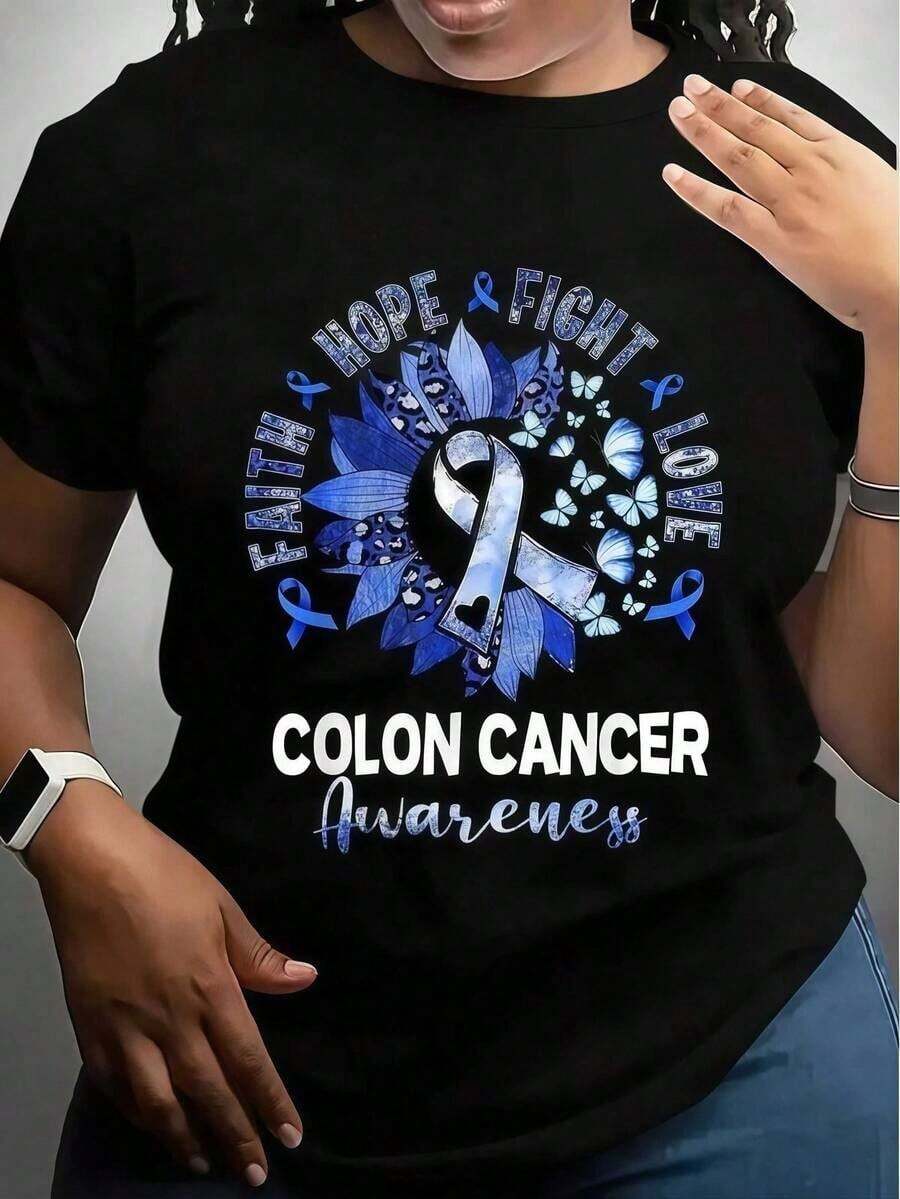 Round Neck Camiseta De Moda Para Damas Con Estampado De Cinta Azul Para Concientizar Sobre El Cáncer De Colon Para Eventos De Apoyo Summer Essentials,Summer Outfits For Women,Graphic Tees Blusas Para Mujer Casual - Negro - Ver 1