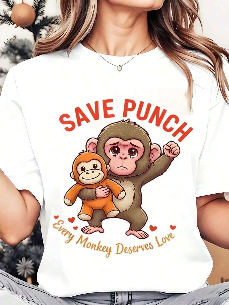 Women's Crew Neck T-Shirt With Cartoon Monkey Print "Save Punch Every Monkey Deserves Love", Women's Summer Casual Clothing, 220g, Loose Fit T-Shirt For Women - 白色 - 查看 1