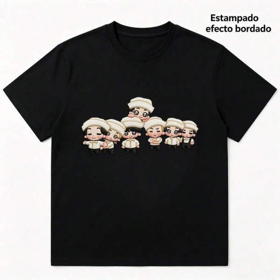 ¡Por el EJÉRCITO! Playera Chef Grupo Completo Chibi, Estampado Efecto Bordado - Negro - Ver 1
