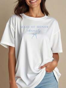 Camisetas unisex casuales de primera calidad, estilo oversize para mujer, regalo para dama de honor, camiseta con lazo para dama de honor, regalo para dama de honor, camiseta holgada para mujer, perfecta para fiestas o como regalo, suave y cómoda. - Blanco - Ver 2