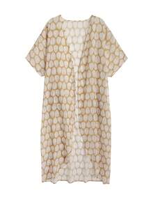 Mustard Leaf Print Long Kimono Swim Cover Up, Open Front Sheer Chiffon Maxi Beach Wrap For Summer Vacation - Mustard Yellow - View 5