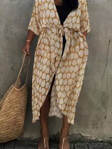 Mustard Leaf Print Long Kimono Swim Cover Up, Open Front Sheer Chiffon Maxi Beach Wrap For Summer Vacation - Mustard Yellow - View 1
