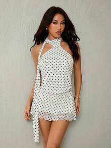 PETITE Vestido mini con estampado de lunares, sin espalda y con cuello halter - Azul marino - Ver 8