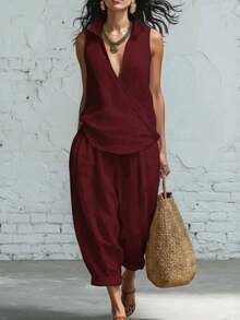 Conjunto dos piezas lino con camisa de cuello solapa y pantalones anchos - Rojo - Ver 3