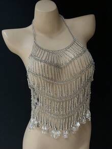 ZHENGHEN Y2K Style Crystal Tassel Exaggerated Decor Cami Top, Handmade Rhinestone Tassel Chain, Exaggerated Party And Beach Look - Silver - View 4